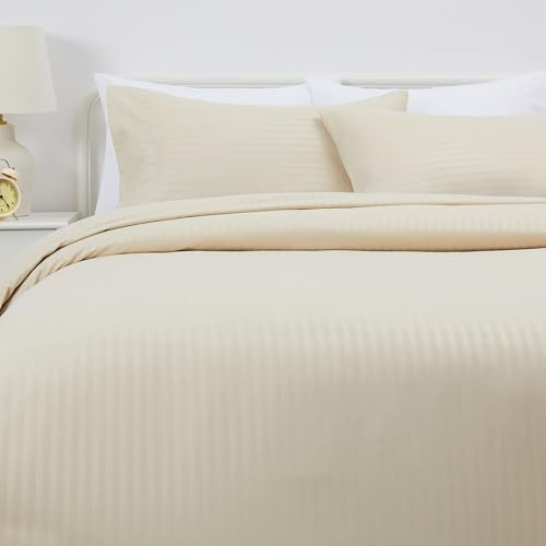 Amazon Basics Juego de Funda nórdica Cama 150/160 de Microfibra, 3 Piezas, Funda de edredón 240 x 220 cm y 2 Fundas de Almohada 50 x 80 cm, Beige, Rayas