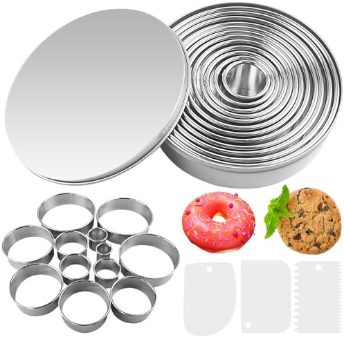 VEPEPE 12 Pcs Round Pastry Cutters, Biscuit Cutter Set, Scone Cutters for Baking, Cookie, Donut, Scone, 12 Sizes Circle Stainless Steel Biscuit Cutter (2.4 cm - 11.2 cm), with 3 Cake Scraperr