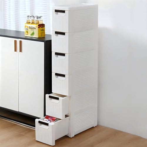 C·Kalosa Armoire de salle de bain étroite, meuble d'appoint avec 6 tiroirs, 42 x 19 x 109 cm, pour salle de bain, salon, salle à manger, cuisine, moderne, blanc