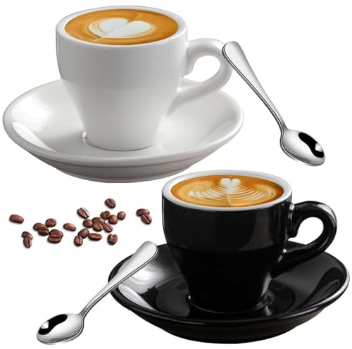 BAIFULAI Juego de 2 tazas de espresso, 80 ml, de porcelana, con platillo y cucharas de acero inoxidable, para moca, macchiato, té, espresso