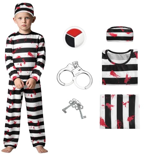 Meriviva Halloween Zombie Convict Costume Kids, Zombie Striped Prisoner Costume for Boys with Handcuffs Face Paint Halloween Prisoner Outfit Kids for Carnival, Masquerade, Cosplay (130)