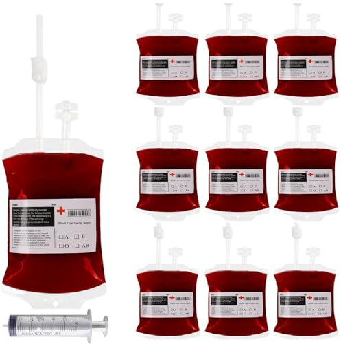 FaDazCruxt Sacchetto di sangue di Halloween, contenitore per Halloween, contenitore per bevande di Halloween, contenitore con siringa, adesivi e clip, per Halloween, decorazione costume, cosplay