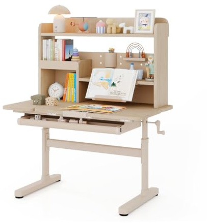 COSTWAY Skrivbord, barnskrivbord, 52–74 cm, höjdjusterbart med lutbar bordsskiva, barnbord med hylla, låda och bokställ, skolskrivbord för barn från 3 år (natur)