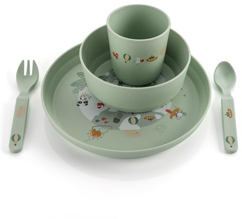 reer Kindergeschirr Set | Motiv: Little Explorer | Biokunststoff-Geschirr für Kleinkinder aus 100% ISCC-zertifiziertem Material | 5-teilig | BPA-frei | spülmaschinengeeignet