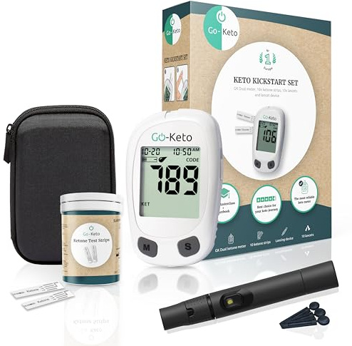 Medidor de cetonas Go-Keto (mg/dl) – Medidor de cetonas con 10 tiras reactivas – Mide fácilmente la cetosis para la dieta cetogénica