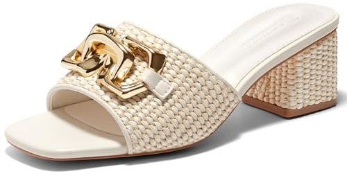 Coutgo Sandali da donna Raffia con tacco a blocco e catena in metallo, punta aperta quadrata scarpe eleganti, beige., 40 EU