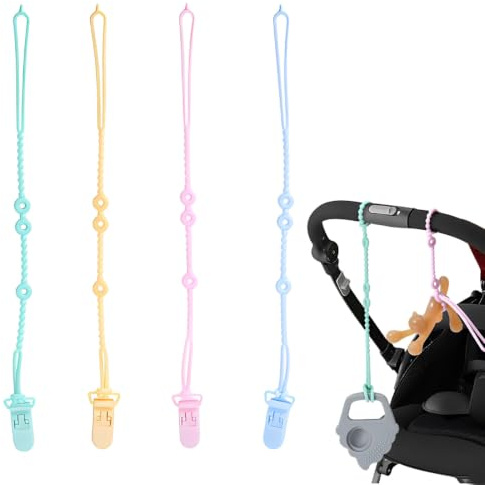 QOWUXHZ 4 pezzi clip per ciuccio in silicone, catenella anti-smarrimento per succhietto, anello mordi-gioco per neonati, in silicone alimentare, per passeggino e fasciatoio