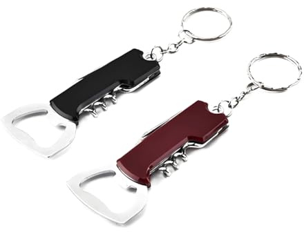 ARFUKA Llavero abrebotellas multifuncional, juego de sacacorchos y abridor de bebidas para cerveza, vino, refrescos, llavero compacto para viajes, camping, fiestas, paquete de 2
