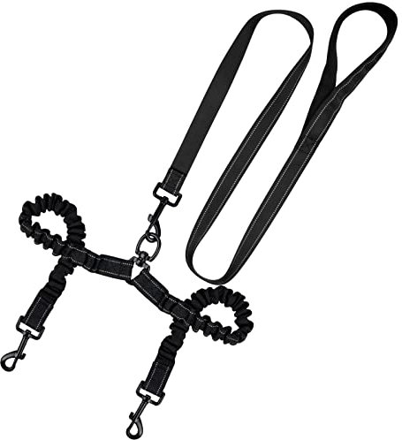 Doppelleine Doppelte Hundeleine für 2 Hunde Reflektierende Doppel-Leine Elastisch Hunde Trainingsleine Kein Verheddern Stoßdämpfer Bungee Leine für Zwei Kleine Große Hunde Spazierengehen Trainieren