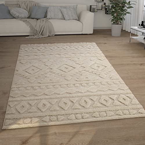 Tapis à Poils Longs Salon Shaggy 3D Look Ethno Boho Vintage Soft, Taille : 160 x 220 cm, Couleur : Crème 6
