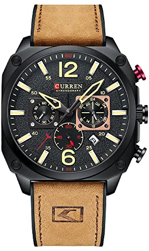KAIGOPAW Montre à quartz carrée multifonction pour homme en cuir avec chronographe étanche, noir/marron, Chronographe