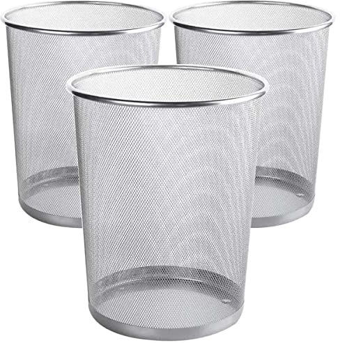 AYSUM 3 Pack Metal Mesh Waste Paper Bin 12 Litres Lightweight Mesh Wastebasket Waste Bin Black Metal Rubbish Bin for Bedroom, Office, Bathroom, Kitchen (silver Round) (3x silver)