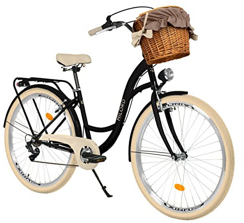 Milord Komfort Fahrrad mit Weidenkorb Hollandrad, Damenfahrrad, Citybike, Retro, Vintage, 28 Zoll, Schwarz-Creme, 7-Gang