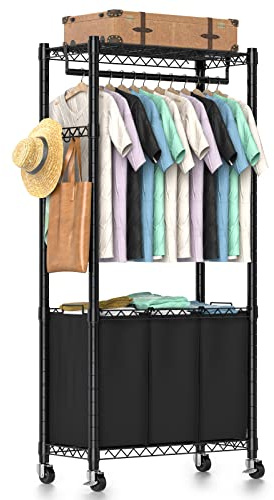 Hodonas Rolling Laundry Basket Organizer with Wheels and Hanging Bar, Laundry Hamper Cart Laundry Sorter 3 Section, Dirty Clothes Hampers for Laundry Bedroom Bathroom w/ 3 Removable Bags, Black