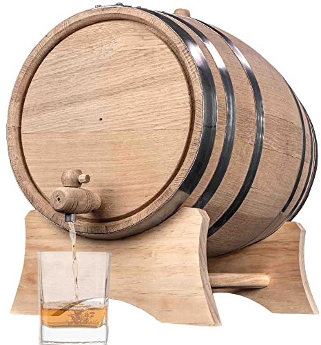 5 Gallon Oak Barrel (Distillery Series - Steel Hoops, Unvarnished) with Wood Stand, Bung & Spigot - Charred 20 Liter Bourbon Whiskey Barrel For The Home Brewer, Distiller, Wine Maker, Cocktail Aging