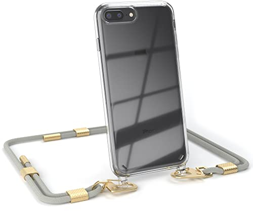 EAZY CASE - kombinierbare Handyketten kompatibel mit iPhone 7 Plus / 8 Plus, Transparente Silikon-Hülle mit stylischen rundem Umhängeband, Abnehmbarer Karabiner, Gurt zum wechseln, Taupe - Clips Gold