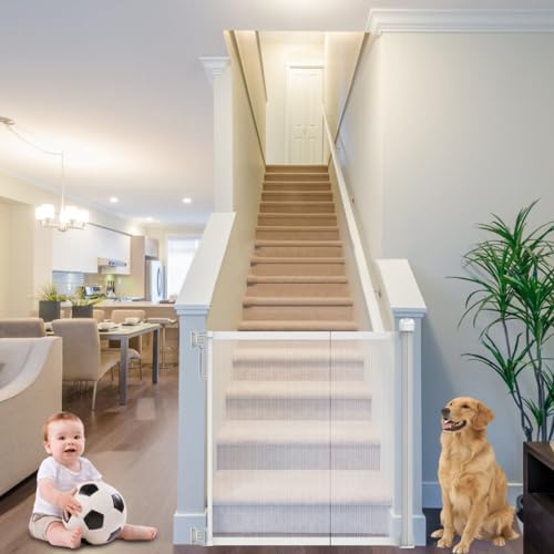 Retractable Stair Gates for Baby and Pet, Extra Wide Baby Safety Gate, One Handed Operation Kid Safety Gate Kids Safety Gates for Stairs, Doorways, Hallways, Indoor, White, 130×70cm