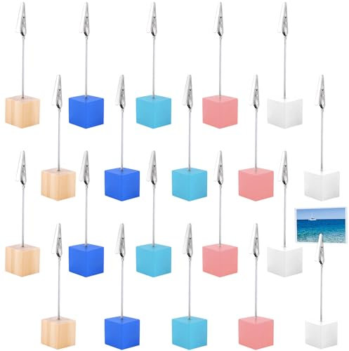 20 Stück Fotohalter Holz mit Klammern, 5 Farben Postkartenhalter, 2.4×2.4×11.8cm Fotoständer, Zettelhalter Kartenhalter Bilderhalter