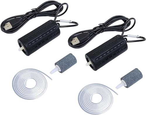 Set of 2 Aquarium Air Pump Super Silent Mini USB Fish Tank Oxygen Air Pump Air Aerator Pump Energy Saving Oxygen Bubbler with Air Stone and Single Outlet Silicone Tube 1W