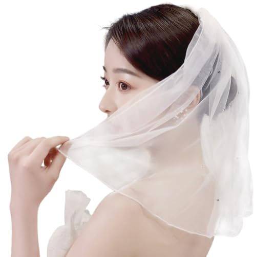 YOFASEN Brautschleier Kurz - Frauen Weißer Schleier Perlenschleier mit Kamm, Weiß Kurze Braut Schleier für JGA, Halloween, Bräute, Dusche, Junggesellinnenabschied, Hochzeit, Beige