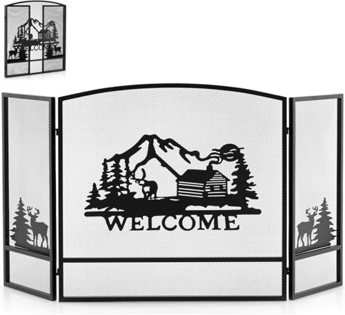 GiantexUK 3-Panel Folding Fire Guard, Heavy Duty Metal Mesh Fireplace Screen, Decorative Freestanding Spark Guard Safety Barrier for Child Baby Pet Open Fire, Black (Moose Pattern, 139x75cm)