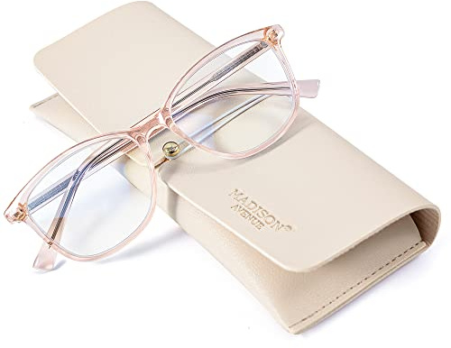 Madison Avenue Square Vintage TR90 Blue Light Blocking Reading Glasses for Women with Case, Anti Glare/Eyestrain Computer Readers Transparent Brown +1.25
