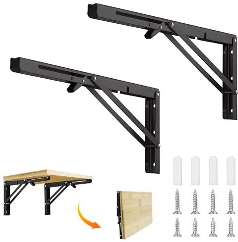 Gentpovth 40cm Schwarz Metall Klappwinkel Tischhalter, 2 Stück Regalhalterungen, Platzsparend Klappbares Regal, Haus Küche Klapptisch Wandmontage, für DIY, Zuhause, Küche, Büro, Wand