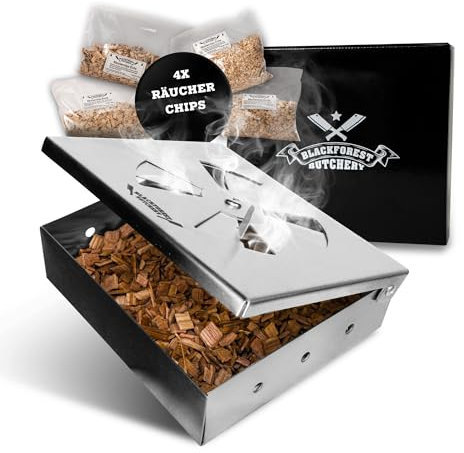 Blackforest Butchery - BBQ Räucherbox Set inkl. Räucherchips – Smokerbox aus Edelstahl – Smokergrill-Flair bei jedem Grillmodell - Maße: 14,5cm x B 13cm x H 4,5cm