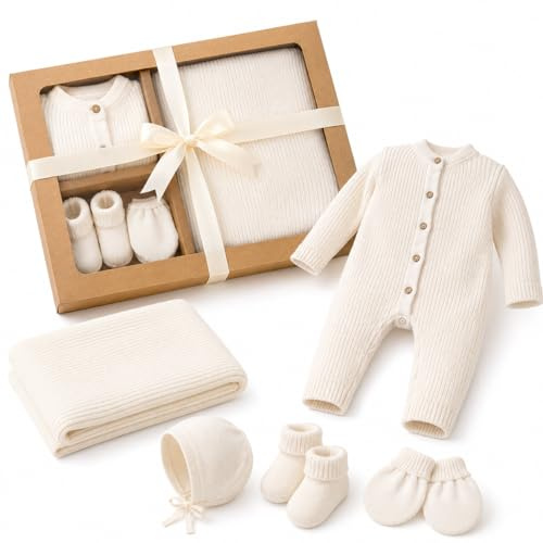 Bundle Bliss baby presentset av 100 % ekologisk bomull – sparkdräkt, filt, handskar, mössa och skor | GOTS certifierad | mjukt, ventilerande babykläder set för nyfödda och spädbarn (0–3 månader)
