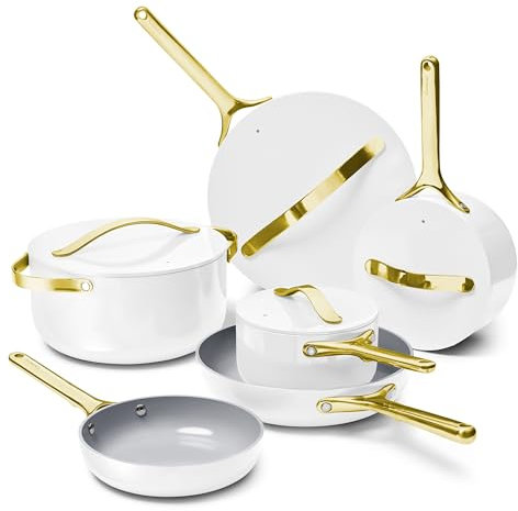 Caraway Deluxe Nonstick Ceramic Cookware Set (16 Piece) Pots, Frying Pans, Lids and Kitchen Storage - PFAS & PFOA Free - Oven Safe Ceramic Pan Set & Compatible with All Stovetops - White
