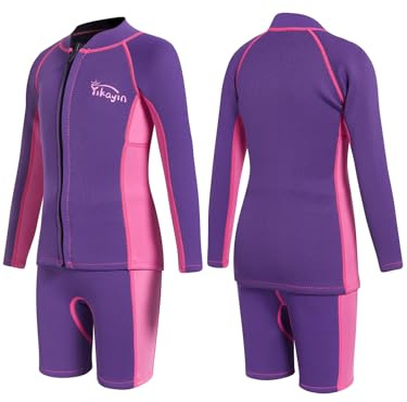 Yikayin Neoprenanzug Kinder, 2mm Zwei Stück Jungen Mädchen Neoprenanzüge Kind Neopren Thermal Langarm Top + Shorts Warm halten UV Neopren Schwimmanzug für Tauchen, Surfen, Schnorcheln, SUP