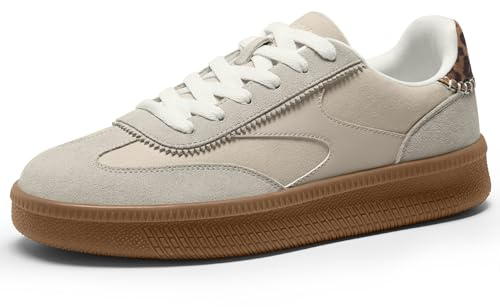 Vilanva Women's Fashion Sneakers Casual Tennis Shoes with Genuine Suede Classic Retro Gum Sole Walking Trendy Footwear Beige Multi