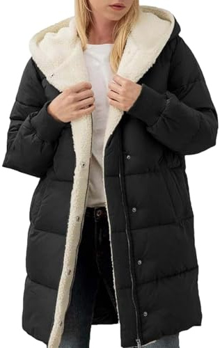Winter Coats for Women UK Fleece Lined Quilted Jacket Womens with Hood | Solid Color Full Zip Parka Coat Waterproof Comfortable Warm Long Sleeve Down Jacket Plus Size Outerwear Overcoat with Pockets