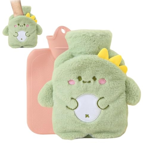 MHwan Bolsa de Agua Caliente, Adorable Bolsas Agua Caliente con Forma de Dinosaurio con Funda, Suave y Esponjosa, Bolsa de Agua Caliente Pequeña de 500 ml, Segura, a Prueba de Explosiones y Fugas