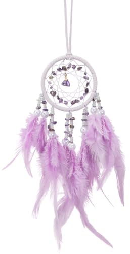 CREATCABIN Attrape Rêves Violets pour Voiture avec Anneau Fer Plumes Violettes Esthétiques Pierres Précieuses Naturelles Filet Tissé Vintage Breloques Suspendues Ornements pour Voiture Maison Fenêtre