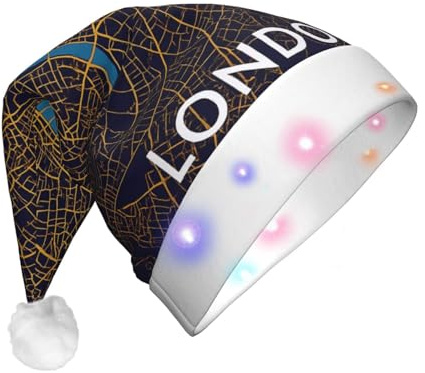 Cxzmnba Sombrero de Navidad LED con mapa de la ciudad de Londres, Inglaterra, gorro de Papá Noel iluminado unisex para adultos, regalo de vacaciones y fiesta y Año Nuevo