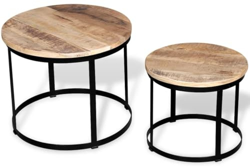 RMIHSJG Two Piece Coffee Table Set Rough Mango Wood Round 40 cm 50 cm Industrial Vintage Handmade Solid Durable Furniture for Living Room Side Table