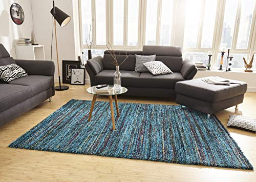 Mint Rugs Chic Teppich Hochflor Wohnzimmer-Teppich Weich Flauschig Langflor Shaggy Flokati Boho Streifen-Design Meliert für Kinderzimmer Schlafzimmer Küche Flur Blau 120x170 cm