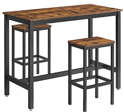 VASAGLE Bartisch-Set, Stehtisch mit 2 Barhockern, 120 x 60 x 90 cm, Küchentresen mit Barstühlen, Küchentisch und Küchenstühle im Industrie-Design, für Küche, vintagebraun-schwarz LBT15X