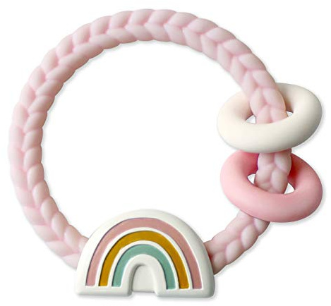 Itzy Ritzy Silicone Teether with Rattle – Rattle Teether Features Rattling Sound, Two Silicone Teething Rings and Raised Texture to Soothe Gums – Ages 3 Months and Up (Pink Rainbow)