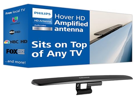 Philips Hover Amplified HD Digital TV Antenna, Long Range Smart TV Antenna, Easy Mount on Top of TV Design, Supports 4K 1080P HD VHF UHF, Signal Booster, Coax HDTV Cable/AC Adapter, SDV7219N/27