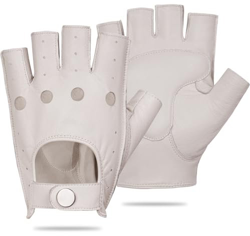 GSG Men's Fingerless Leather Driving Gloves, Padded Palm, lambskin，White