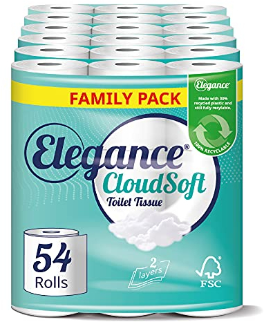 Elegance Cloud Soft Toilet Roll - Bulk Buy Pack of 54 Rolls - Soft, 2-Ply, Recycled, Eco-Friendly, UK Manufactured