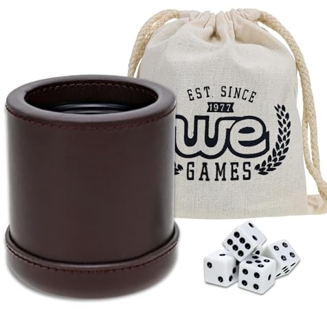 WE Games Professional, Handmade Dark Brown Leather Dice Cup Set - 5 Dice & Cloth Carry Bag