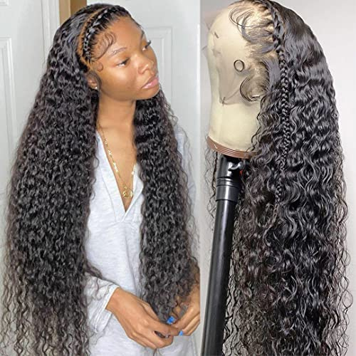 Peluca de cabello humano brasileño virgen con encaje frontal de 33 x 10 cm, precortadas con cabellos de bebé naturales, densidad 180, peluca ondulada y mojada, color natural (71 cm, negro natural)