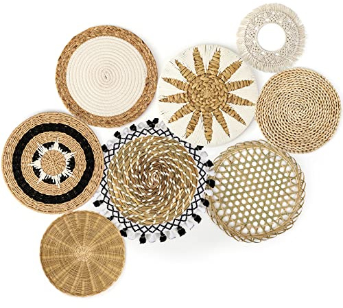 Set of 8 Wall Basket Decor Boho Wall Hanging Decor Rattan Wall Decor Flat Round Wicker Woven Macrame Tassels Tapestry Bamboo Wall Basket Serving Tray Art Handmade Set for Room Bedroom Living Room