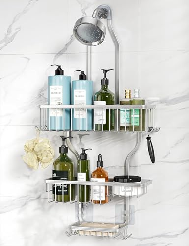 YASONIC Never-Rust Aluminum Hanging Shower Caddy – Over-the-Showerhead Organizer with 10 Hooks for Razor and Sponge – Includes Soap Basket – Silver