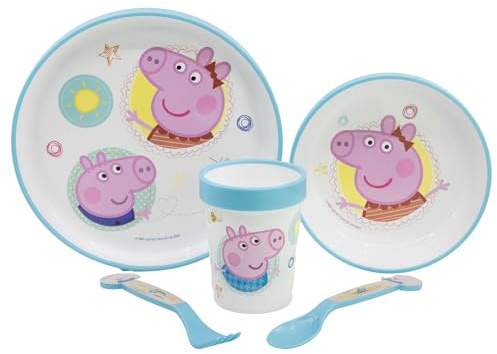 SET 5 PCS ANTIDESLIZANTE (PLATO, CUENCO, VASO Y CUBIERTOS) PREMIUM BICOLOR EN CAJA PEPPA PIG CORE