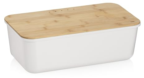 kela Brotkasten weiß mit Lüftungslöcher 38x21x12,5cm, FSC Bambusdeckel als Schneidebrett, Brotbox Kunststoff, APART, Brotaufbewahrungsbox