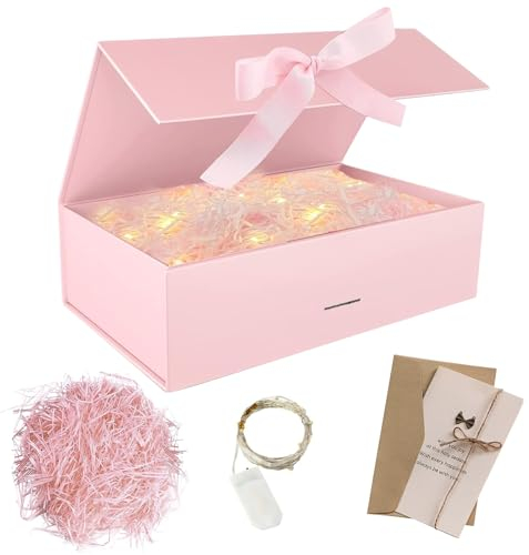 Geschenkbox 21*17*7 cm mit Deckel und Schleife - Inkl. Karte, Bast, Licht - Ideal für Hochzeit, Valentinstag, Weihnachten & Geburtstag